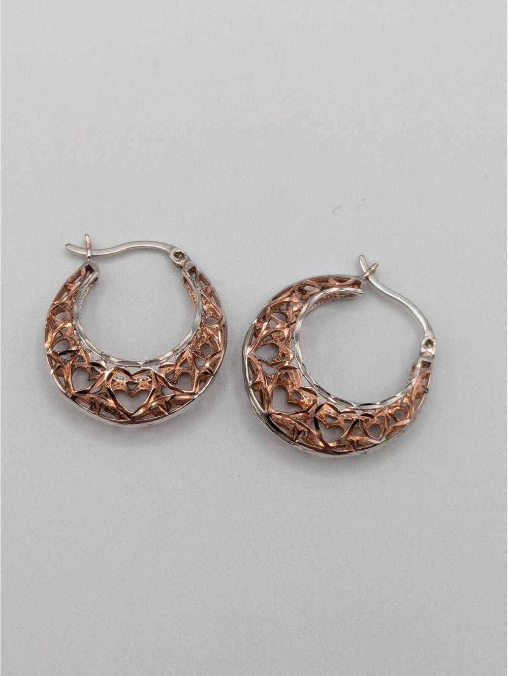 Sterling Silver Filigree Hoop Earrings 925 Two-Tone Hearts 1" Wide, New